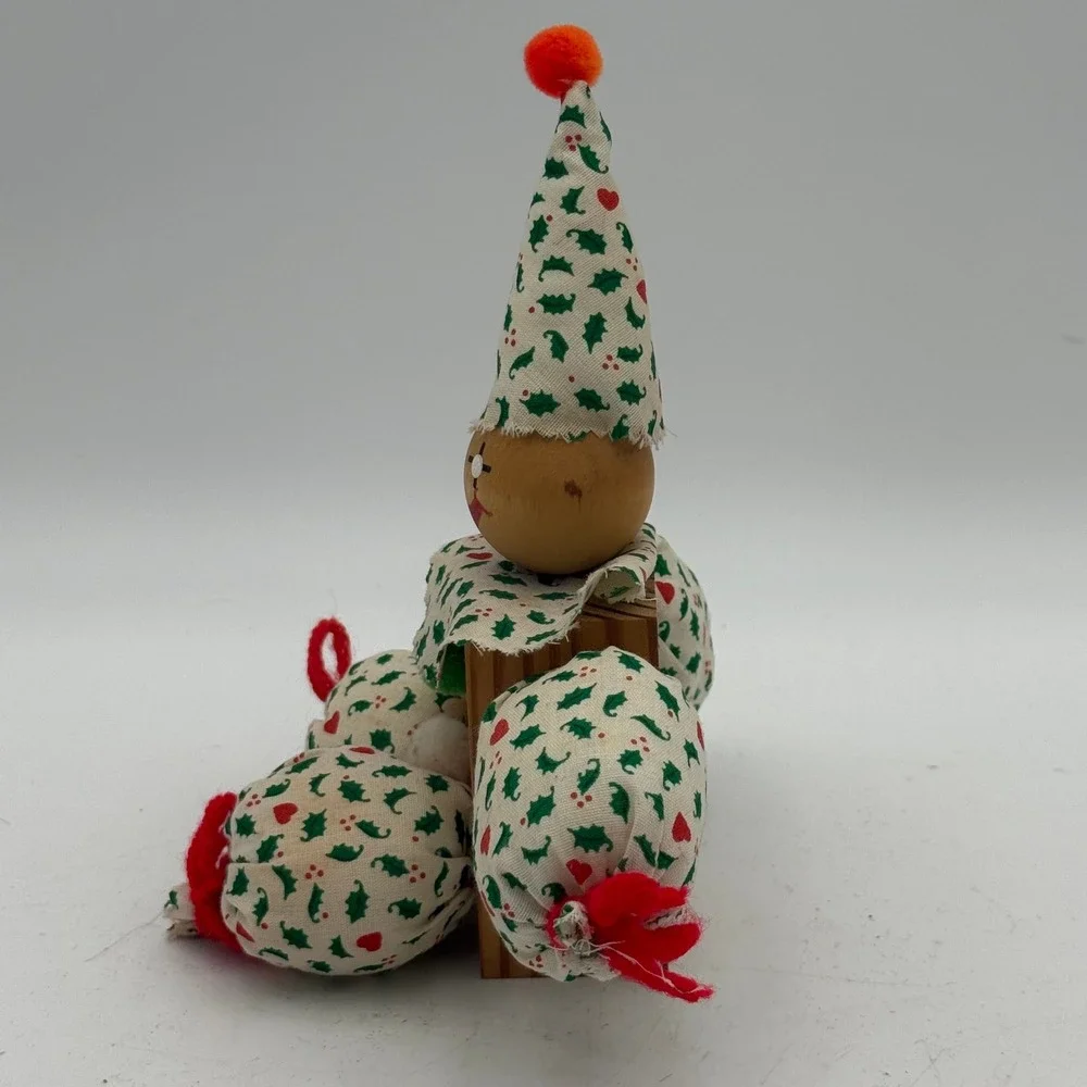 Vintage Wooden Block Christmas Clown Figurine Holly Heart Print Handmade Decor